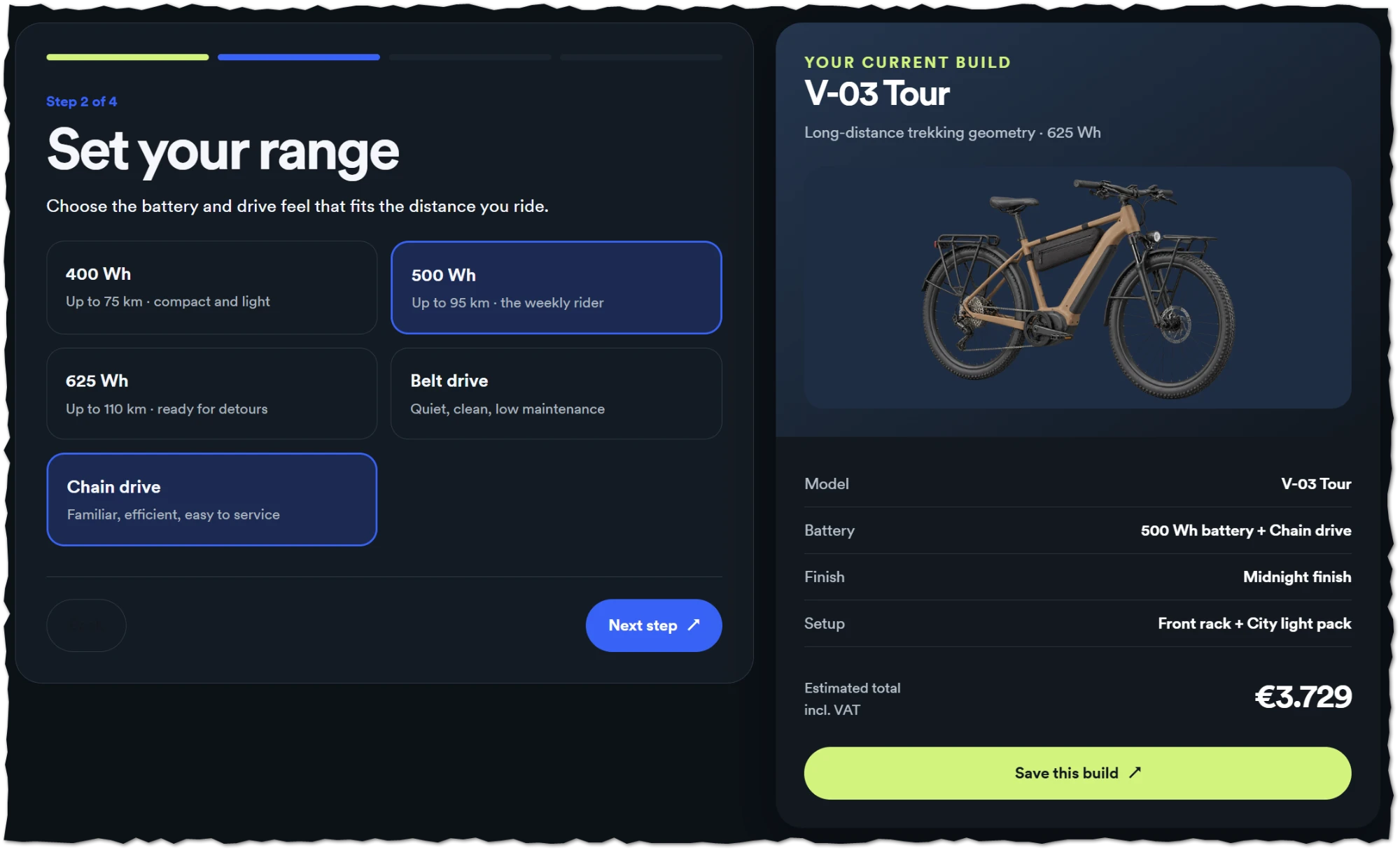 Screenshot: onlinepcf.red configurator, stap 2 van 4: accu en aandrijving kiezen voor de V-03 Tour