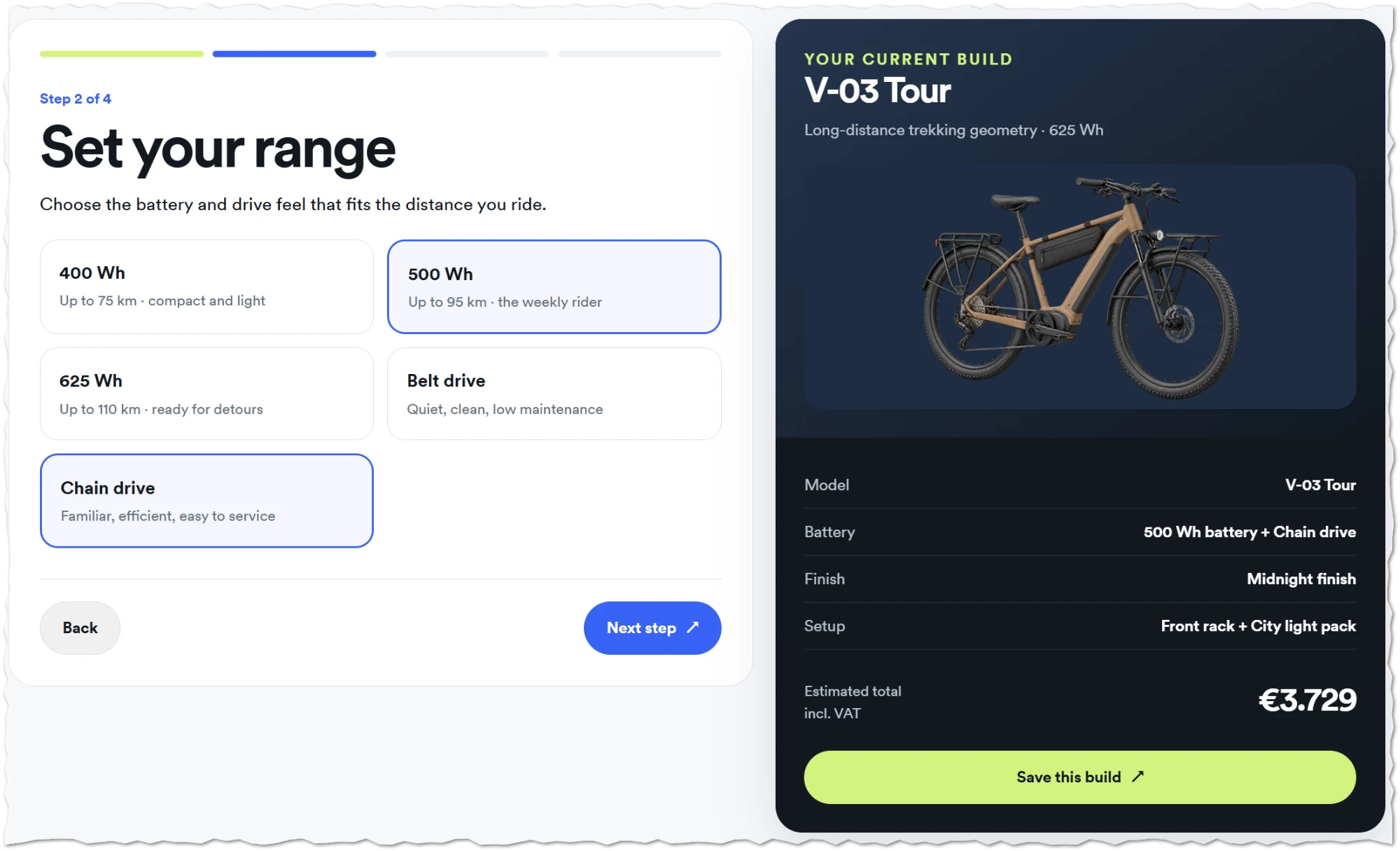 Screenshot: onlinepcf.red configurator, stap 2 van 4: accu en aandrijving kiezen voor de V-03 Tour