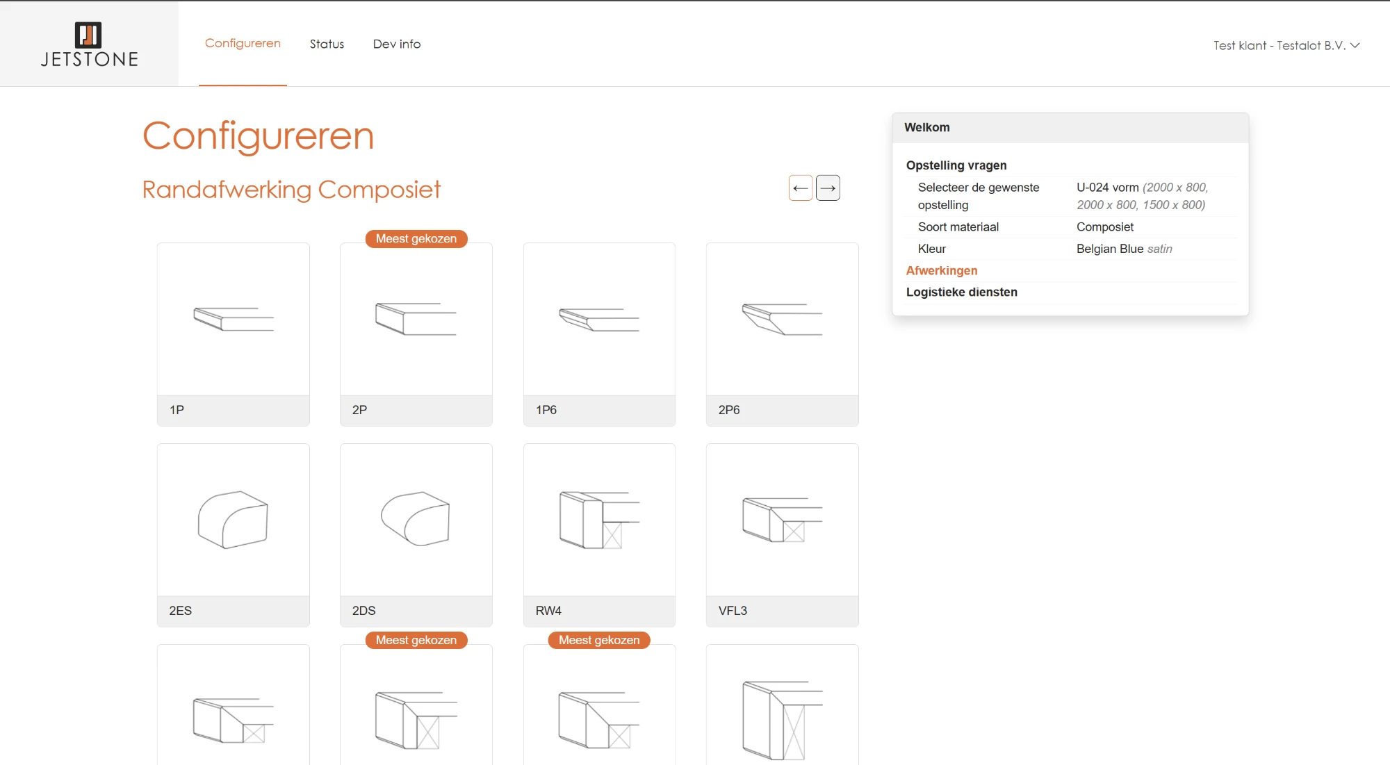 Capture d'écran : configurateur Jetstone — choix de la finition des bords à l'aide de dessins techniques, avec aperçu de l'agencement